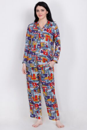 Blue Abstract Printed Shirt & Pyjama Set