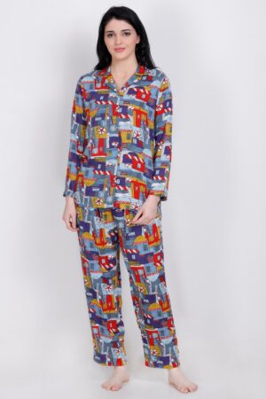 Blue Abstract Printed Shirt & Pyjama Set