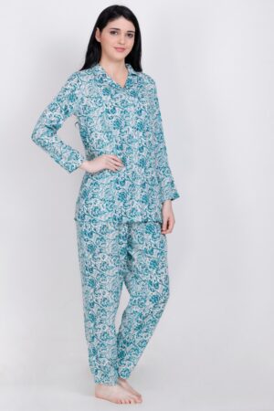 Bottle Green Printed Shirt & Pyjama Set